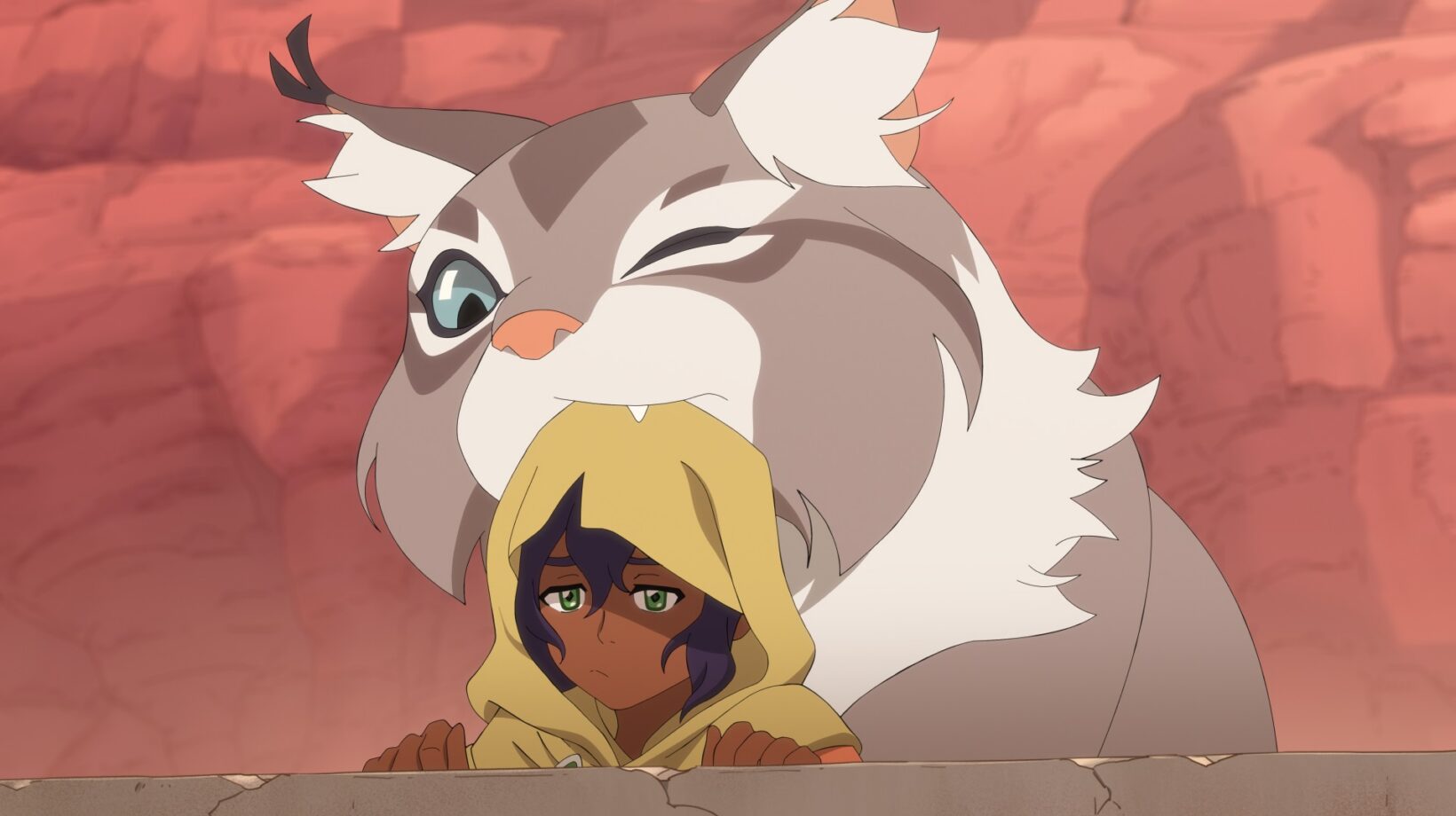 A hooded purple-haired character and a gray-and-white companion peer over a cracked wall.