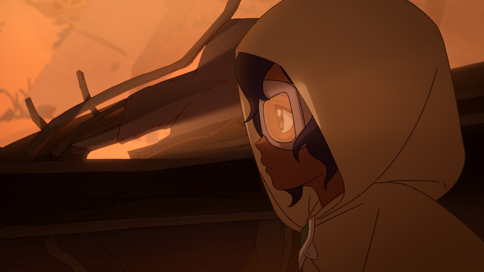 A hooded character wearing large goggles stands beside broken wooden structures in orange light.